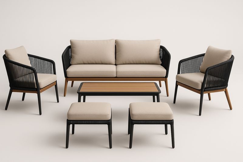 Set divano e poltrone da esterno in legno massello e corda, con tavolino,cuscini-Bellevivian