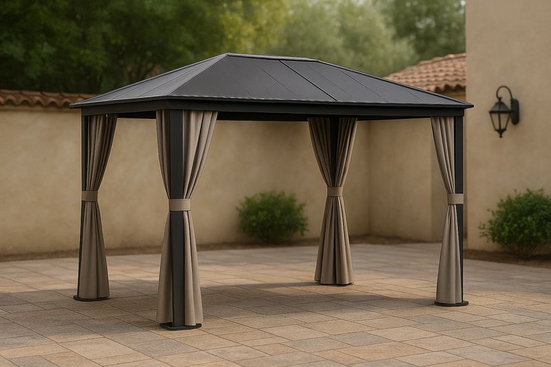 Gazebo da Giardino in Alluminio e Acciaio Nero con Tende Marroni-Bellevivian