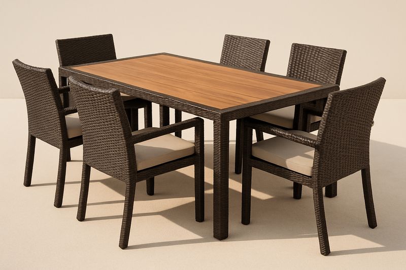 Set tavolo e sedie da giardino in rattan sintetico marrone con dettagli in legno di teak-Bellevivian