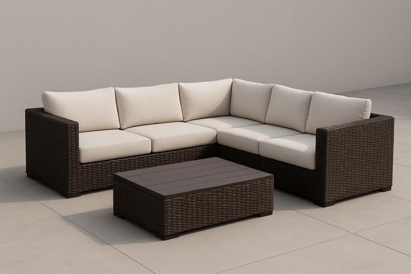 Set Divano Angolare in Rattan Sintetico Crema/Marrone con Tavolino, cuscini-Bellevivian