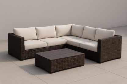 Set Divano Angolare in Rattan Sintetico Crema/Marrone con Tavolino, cuscini-Bellevivian
