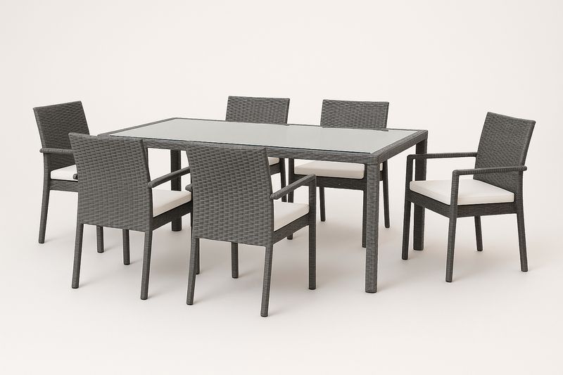 Set da Giardino 6 Sedie e Tavolo in Rattan Grigio con Piano in Vetro-Bellevivian