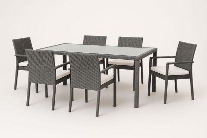 Set da Giardino 6 Sedie e Tavolo in Rattan Grigio con Piano in Vetro-Bellevivian