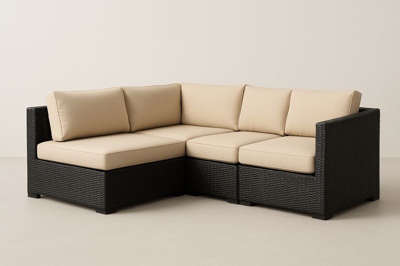 Divano angolare modulare da esterno in rattan con cuscini beige-Bellevivian