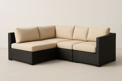 Divano angolare modulare da esterno in rattan con cuscini beige-Bellevivian