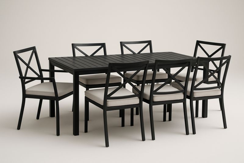Set da Pranzo Rettangolare in Alluminio Nero con 7 Sedie e Cuscini-Bellevivian