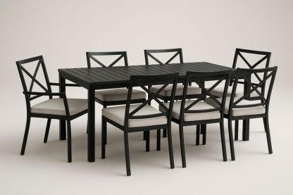 Set da Pranzo Rettangolare in Alluminio Nero con 7 Sedie e Cuscini-Bellevivian
