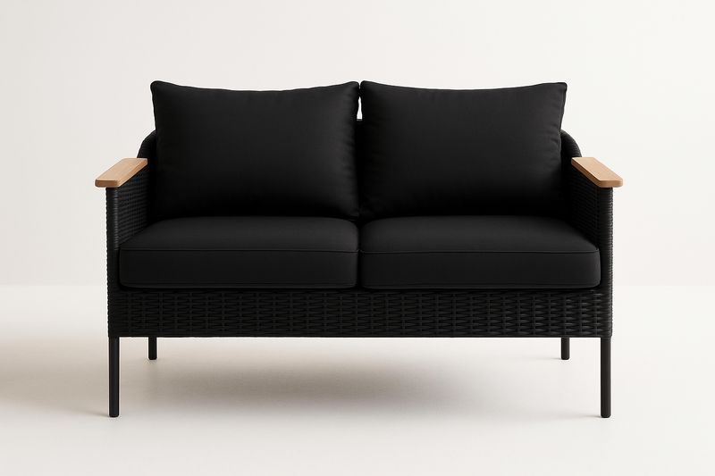 Divano nero a due posti in rattan con cuscini-Bellevivian