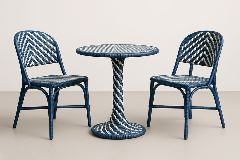 Set tavolo rotondo e sedie in rattan blu e bianco – set da caffè-Bellevivian
