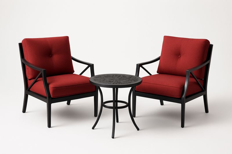 Set salotto esterno in alluminio con poltrone rosse e tavolino rotondo nero-Bellevivian