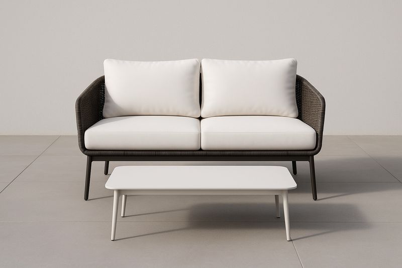 Divano e Tavolino da Giardino in Rattan Sintetico Nero con Cuscini Bianchi-Bellevivian