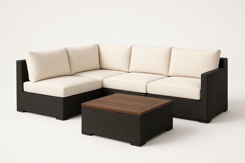 Set divano angolare in rattan con cuscini crema e tavolino in legno massello-Bellevivian