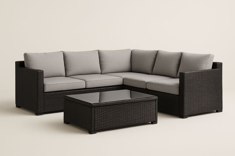 Set Divano Angolare in Rattan con Tavolino in Vetro Temperato-Bellevivian