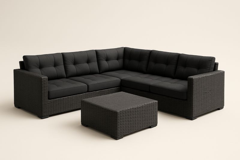 Divano angolare da esterno in resina intrecciata con cuscini in poliestere nero-Bellevivian