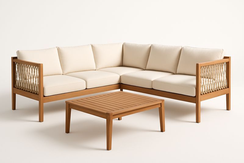 Set divano angolare da giardino in legno massello di acacia con cuscini in poliestere beige-Bellevivian