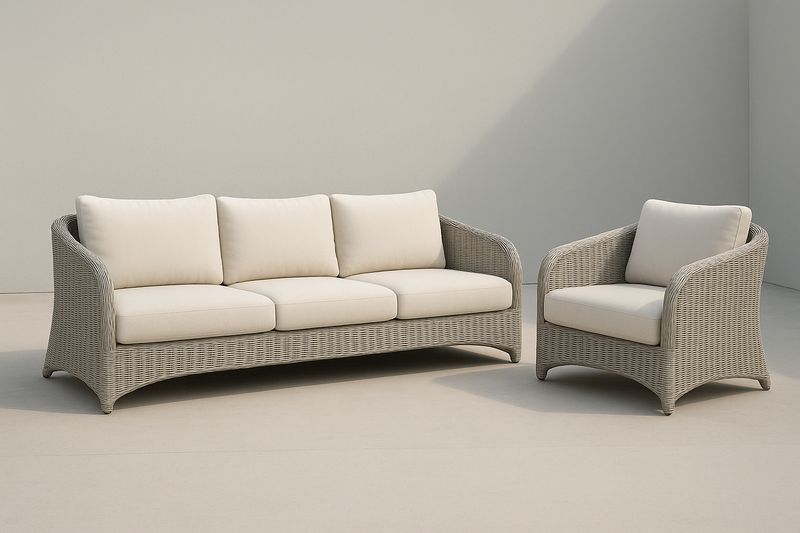 Set divano e poltrona in rattan sintetico grigio con cuscini in poliestere beige-Bellevivian