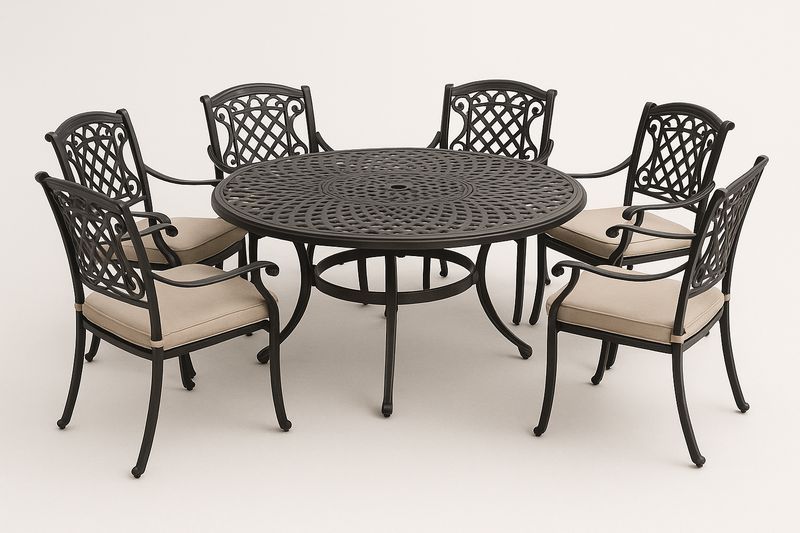 Set Giardino in Alluminio Nero con Tavolo Rotondo e Sedie, Cuscini Beige-Bellevivian