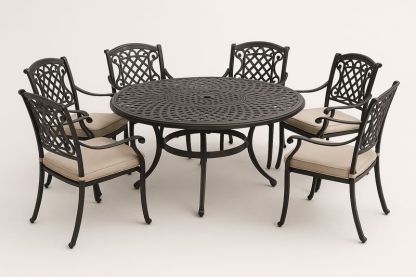 Set Giardino in Alluminio Nero con Tavolo Rotondo e Sedie, Cuscini Beige-Bellevivian