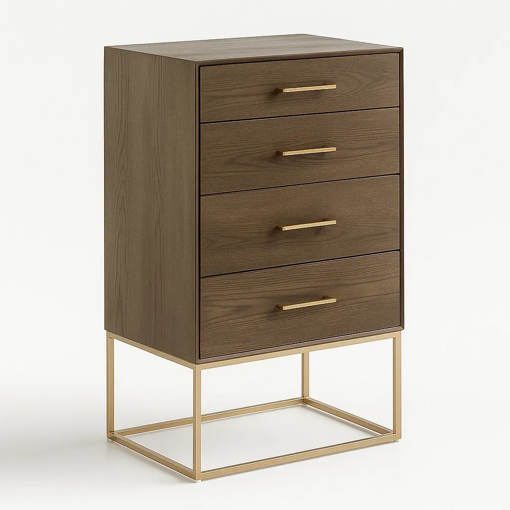 Cassettiera in legno noce e metallo dorato con 4 cassetti-CASALIQ
