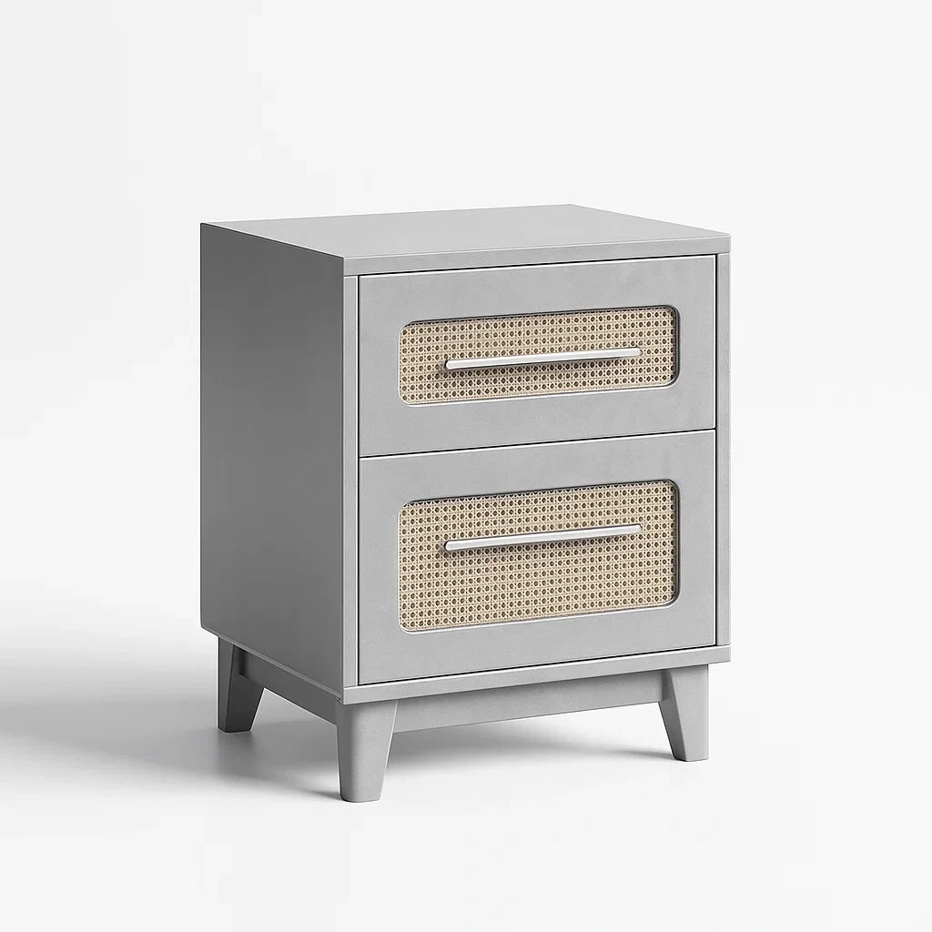 Comodino grigio in legno e rattan con due cassetti-CASALIQ