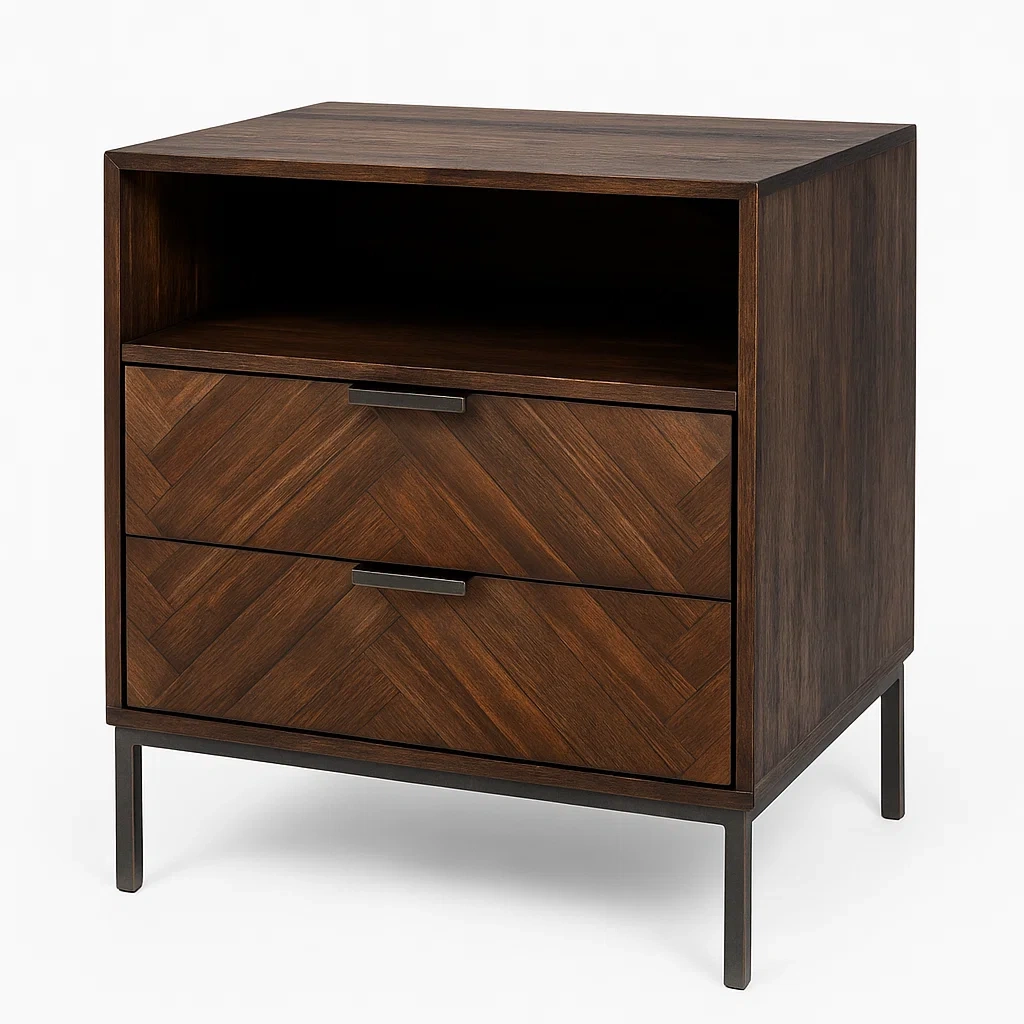 Comodino con cassetti e ripiano aperto in legno e metallo marrone scuro 60x40x70 cm-CASALIQ