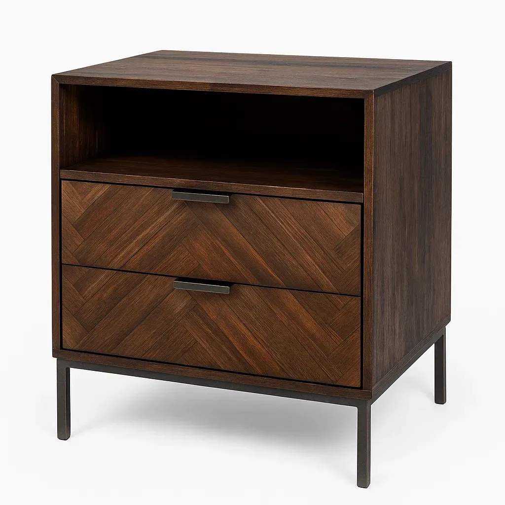 Comodino con cassetti e ripiano aperto in legno e metallo marrone scuro 60x40x70 cm-CASALIQ