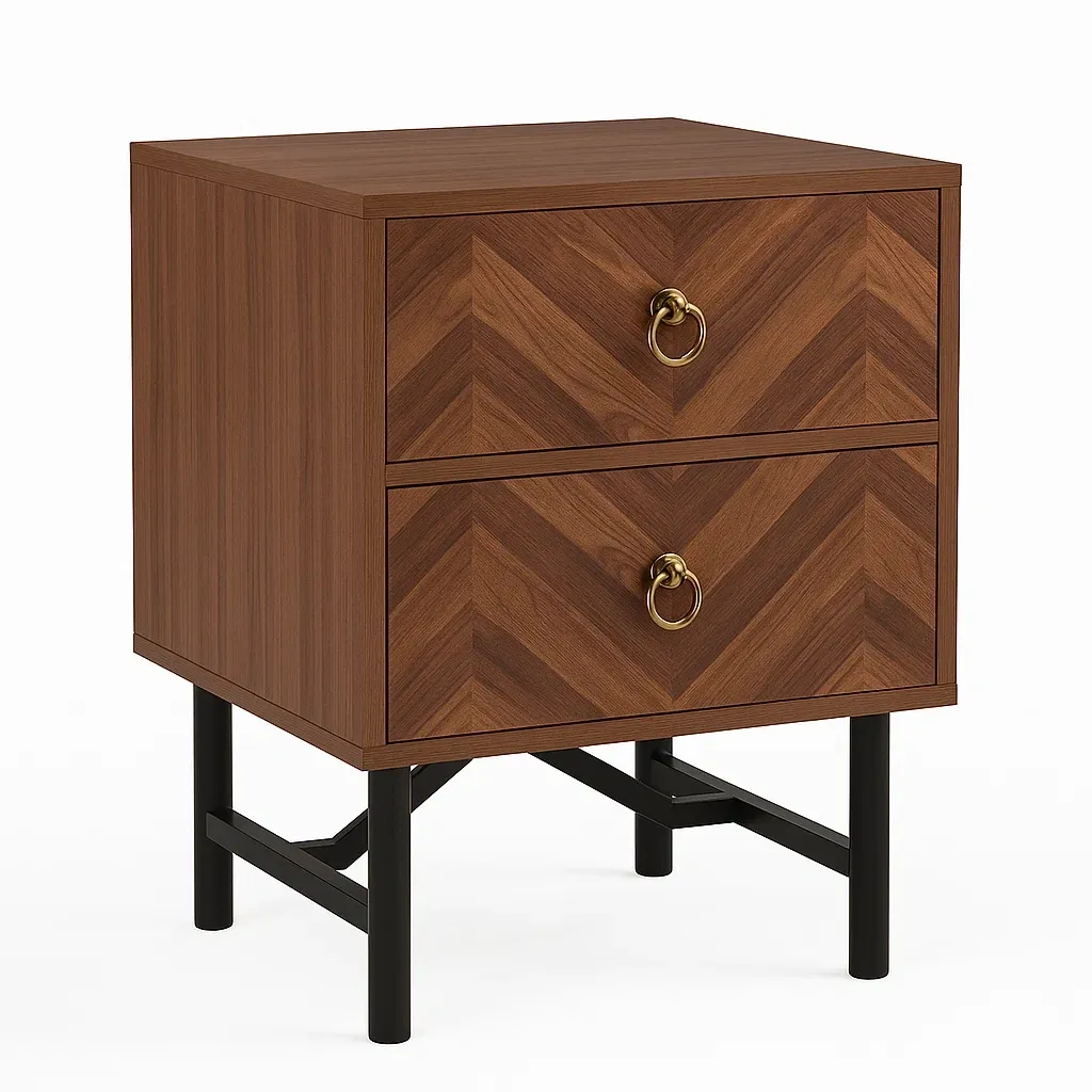 Comodino rettangolare in legno con gambe in metallo e cassetti a lisca di pesce marrone-CASALIQ