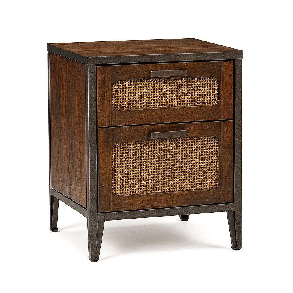 Comodino con cassetti in legno e rattan marrone-CASALIQ