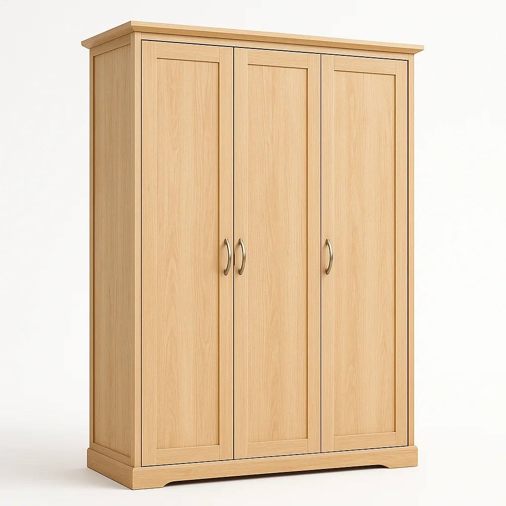 Armadio guardaroba a tre ante in legno chiaro con maniglie in metallo-CASALIQ