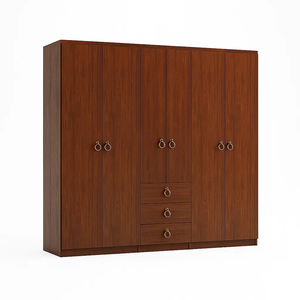 Armadio guardaroba in legno di pino noce con 6 ante e 3 cassetti-CASALIQ