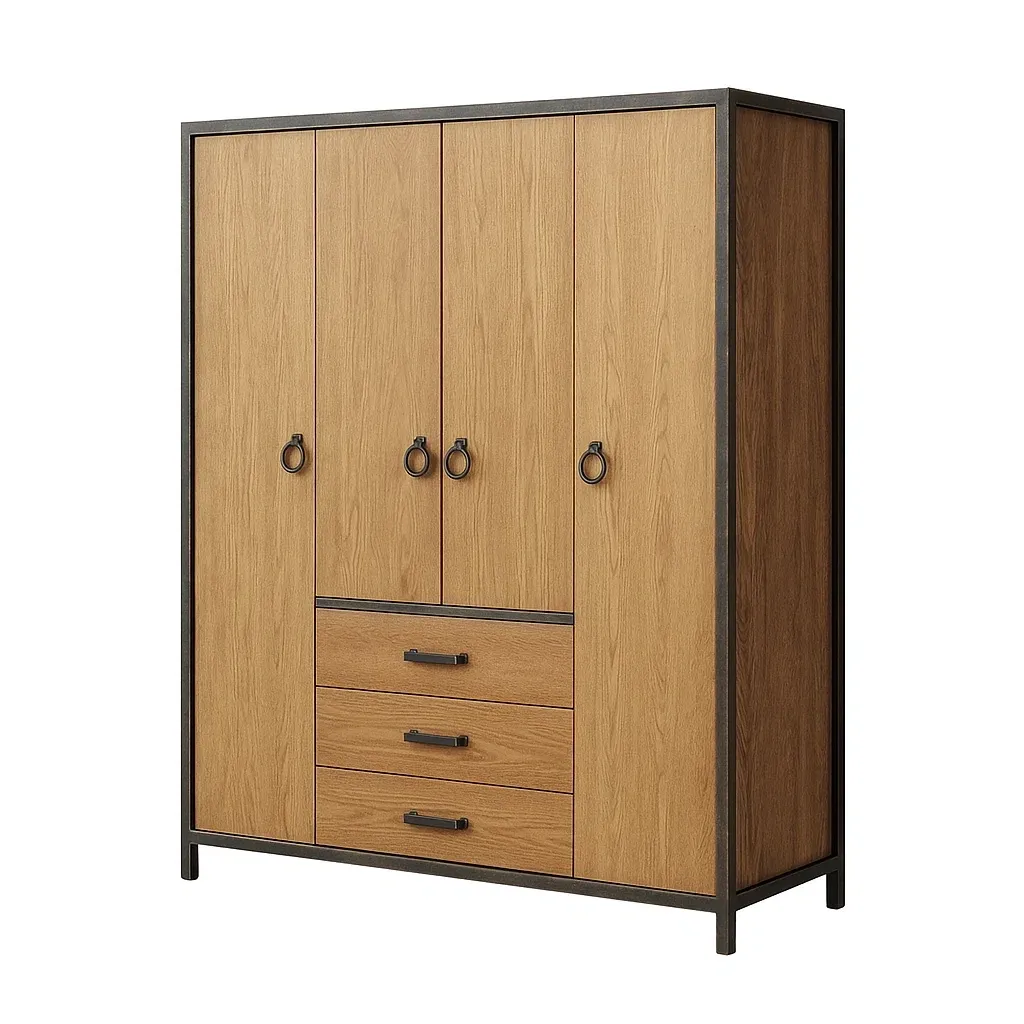 Armadio in legno rovere acciaio con 4 ante e 3 cassetti-CASALIQ