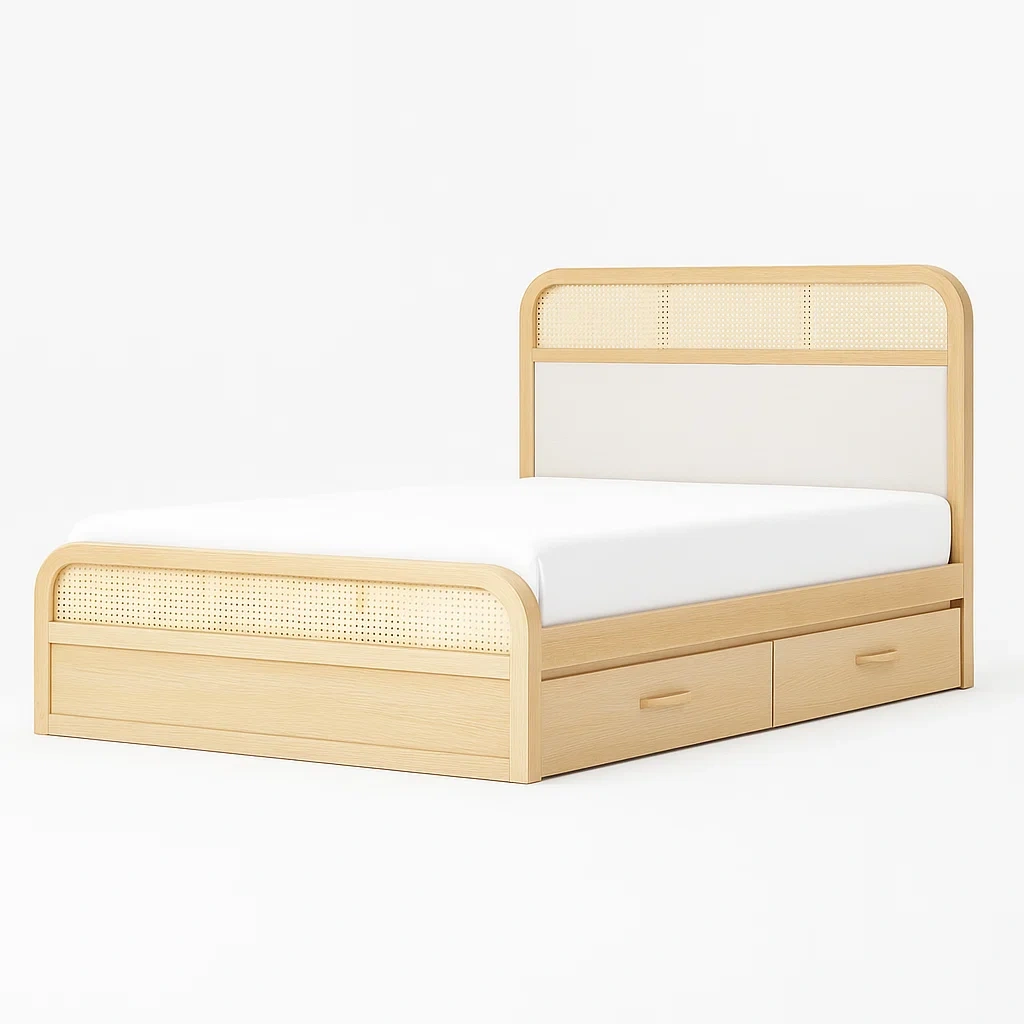 Letto contenitore in legno con testiera in tessuto e rattan con cassetti 200x160 cm-CASALIQ