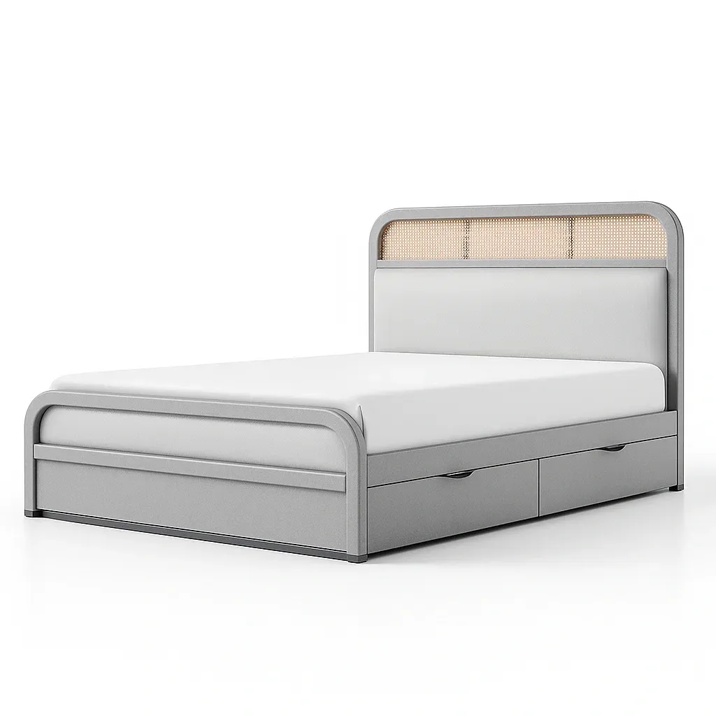 Letto contenitore matrimoniale con struttura in metallo e testiera imbottita grigio chiaro-CASALIQ