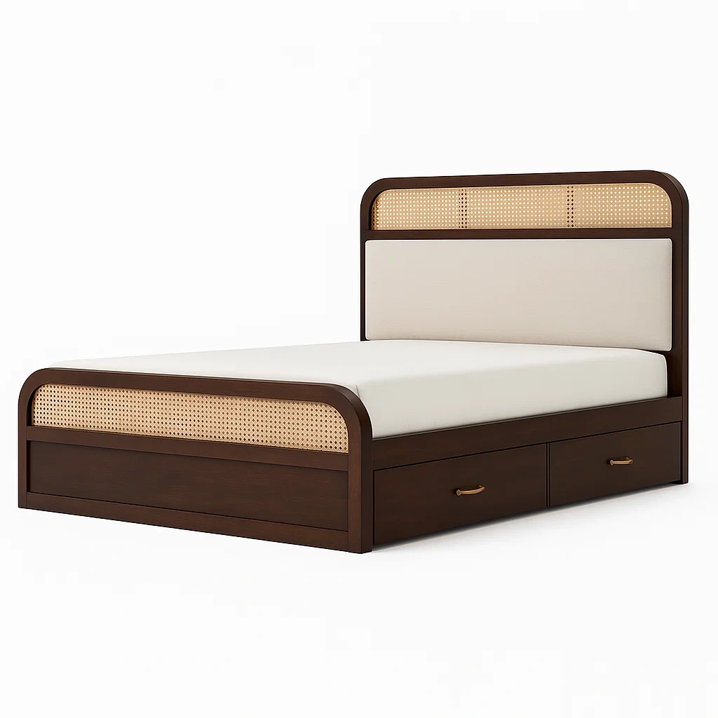 Letto contenitore matrimoniale in legno e rattan con cassetti caff猫/beige 200x160 cm-CASALIQ