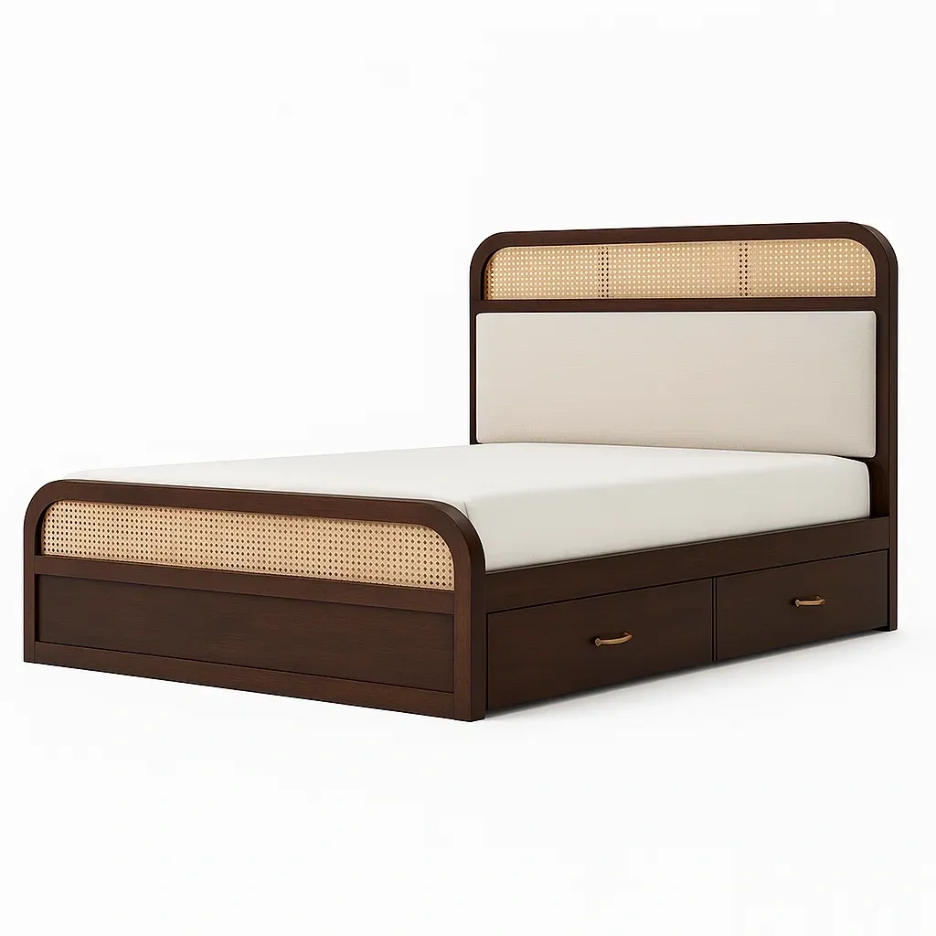 Letto contenitore matrimoniale in legno e rattan con cassetti caff猫/beige 200x160 cm-CASALIQ