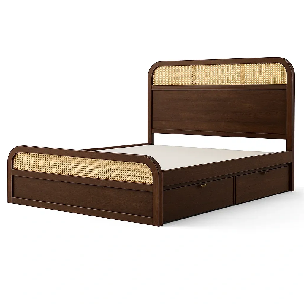 Letto contenitore matrimoniale in legno e rattan con cassetti 200x160x110 cm-CASALIQ