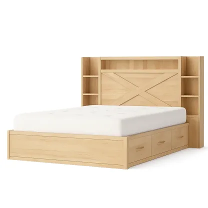 Letto contenitore matrimoniale in legno naturale con testiera libreria e cassetti-CASALIQ