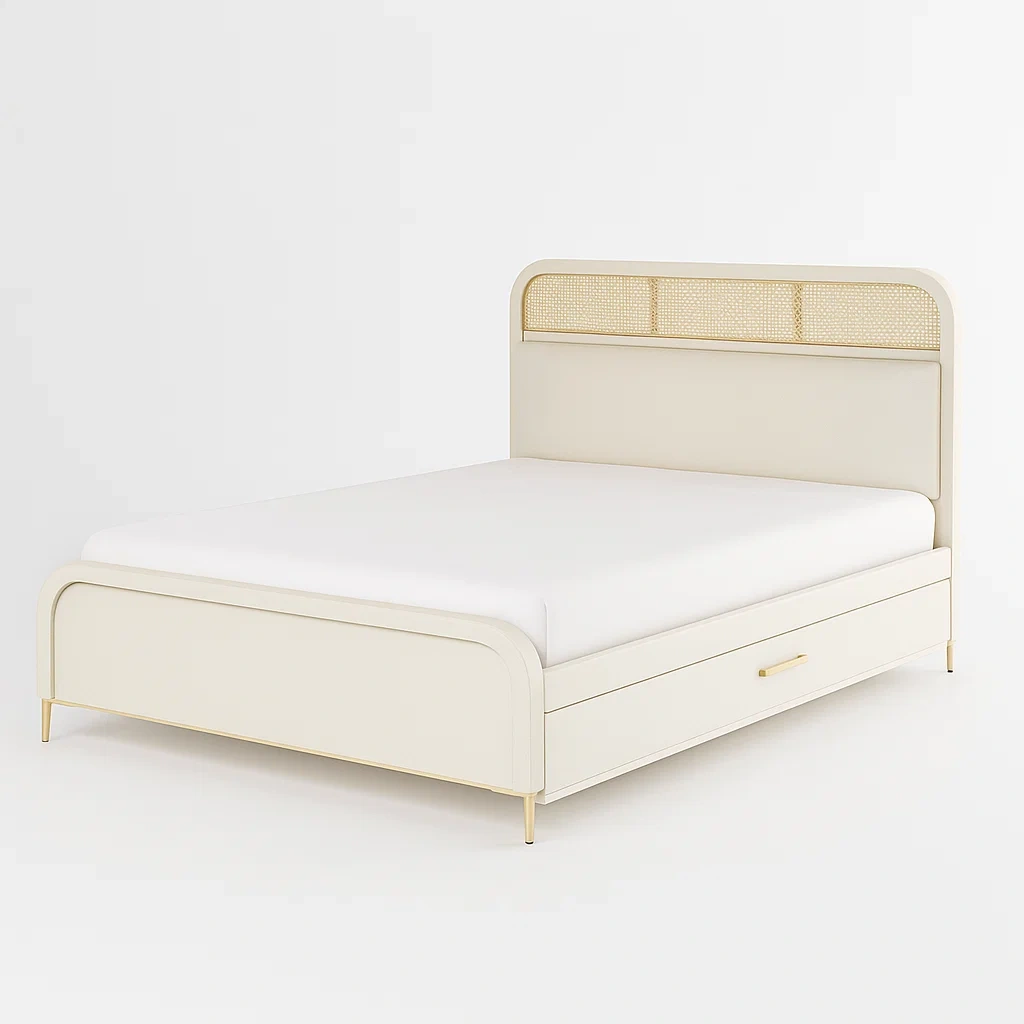 Letto contenitore matrimoniale in legno e paglia vienna 160x200 cm crema con cassetto-CASALIQ