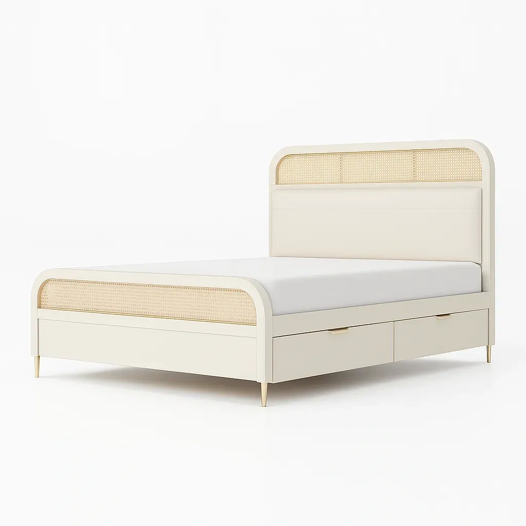 Letto contenitore in legno con rete di rattan e cassetti bianco-CASALIQ