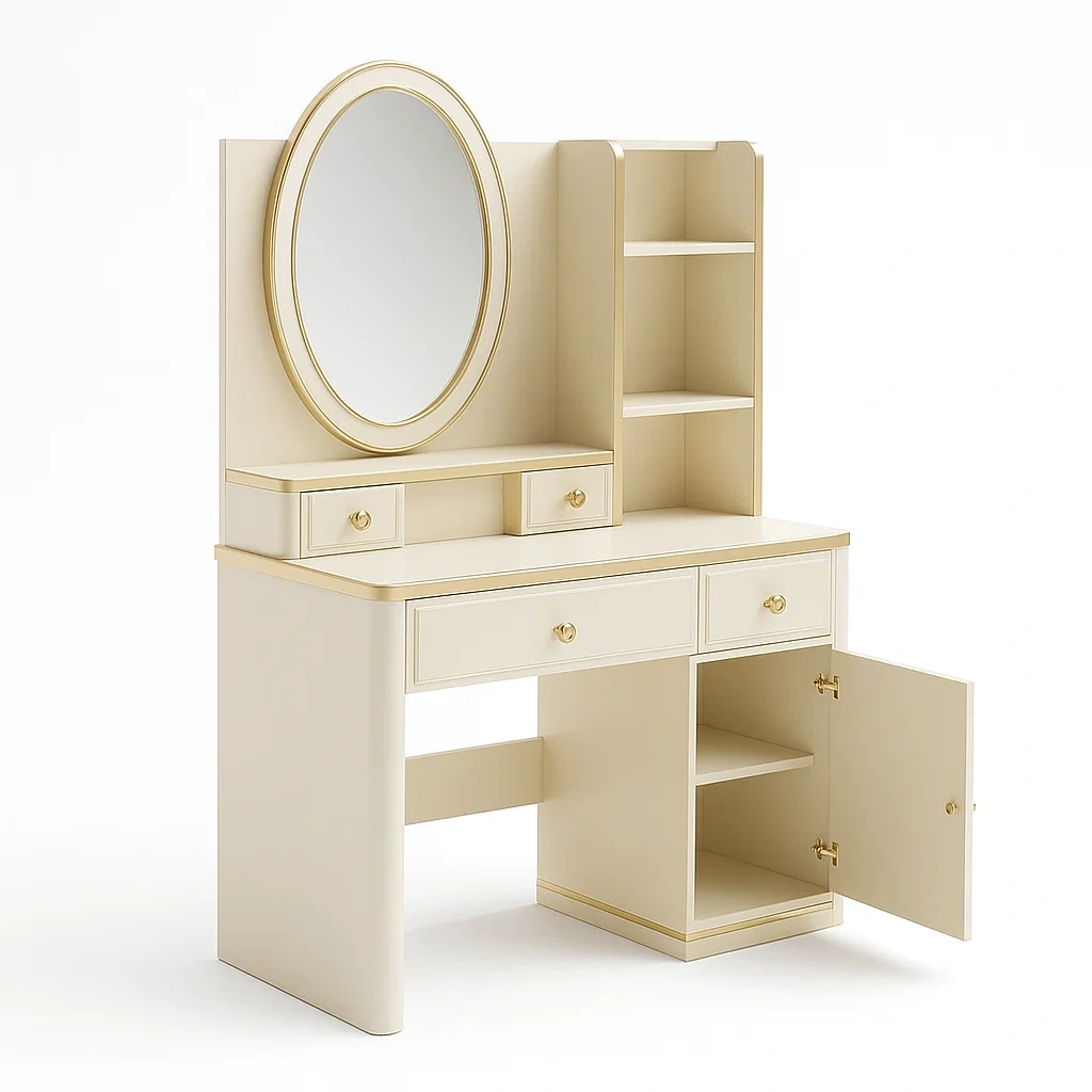 Toeletta in legno ingegnerizzato con specchio ovale e ripiani-CASALIQ