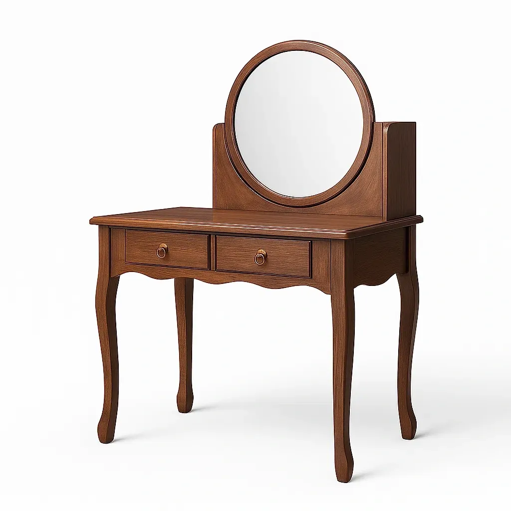 Toeletta in legno massello con specchio rotondo e cassetti marrone-CASALIQ