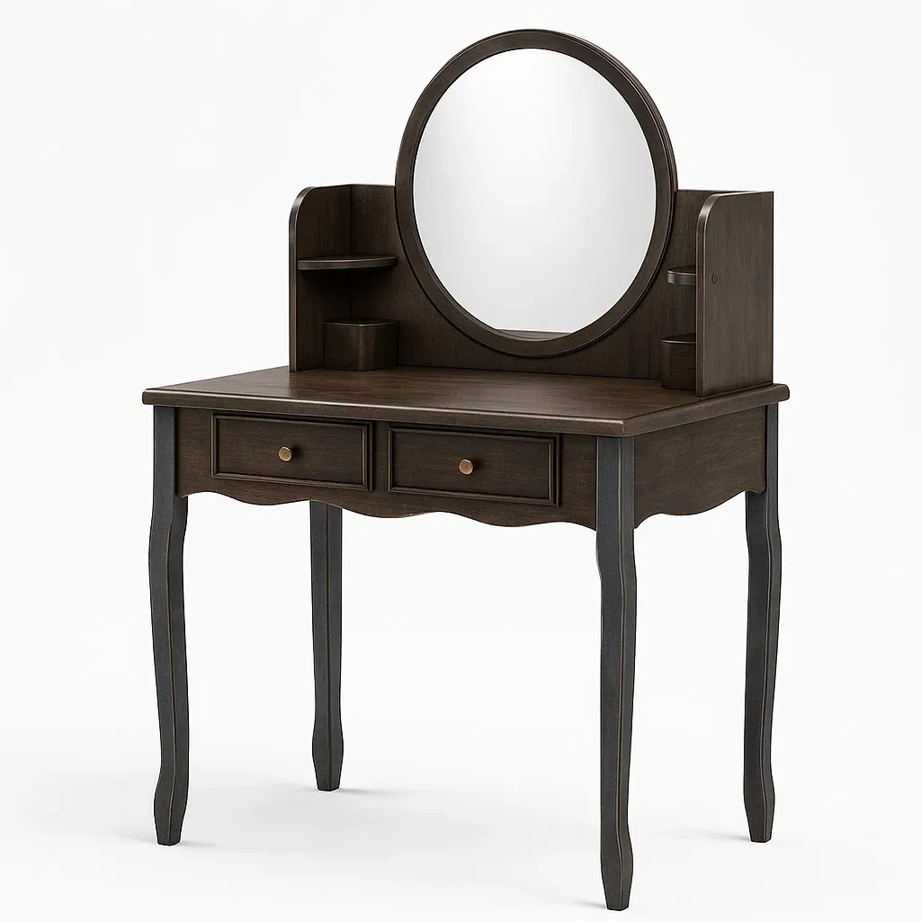 Toeletta in legno con specchio rotondo e cassetti-CASALIQ