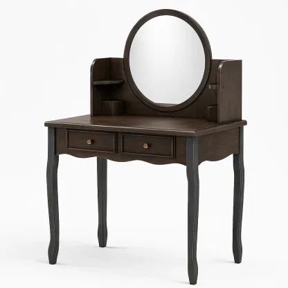 Toeletta in legno con specchio rotondo e cassetti-CASALIQ