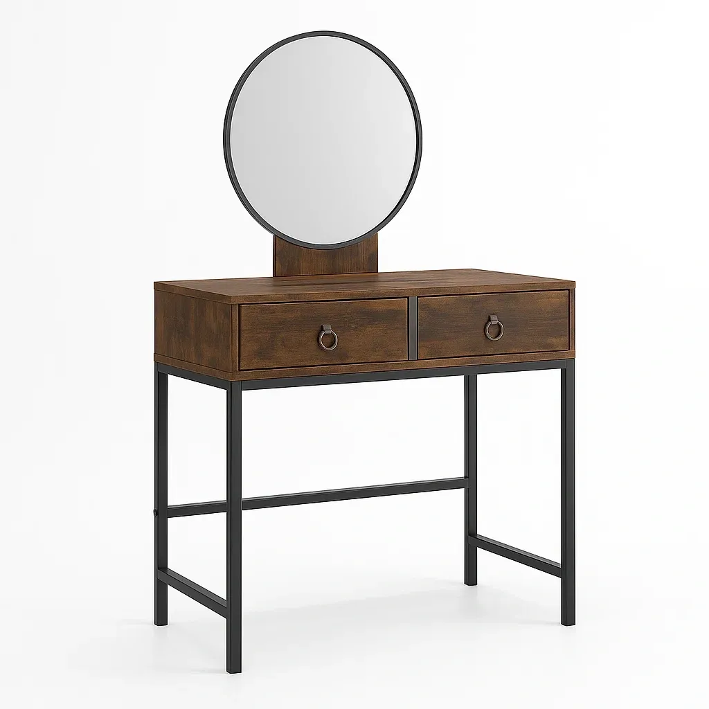 Toeletta in legno con specchio rotondo e gambe in metallo-CASALIQ