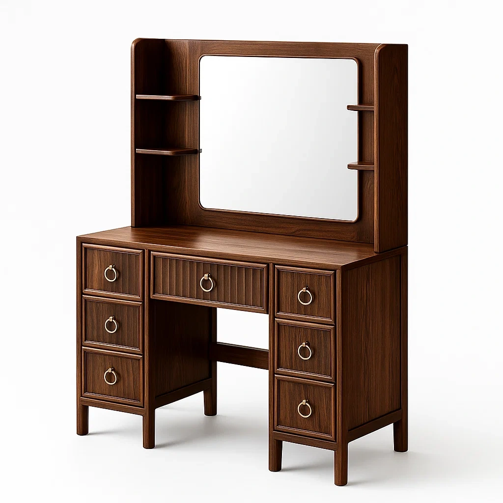 Toeletta in legno con specchio e 7 cassetti marrone-CASALIQ