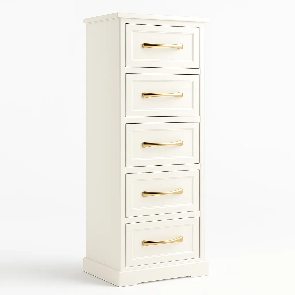 Cassettiera a 5 cassetti in mdf bianco con maniglie in metallo dorato 130x45x40 cm-CASALIQ