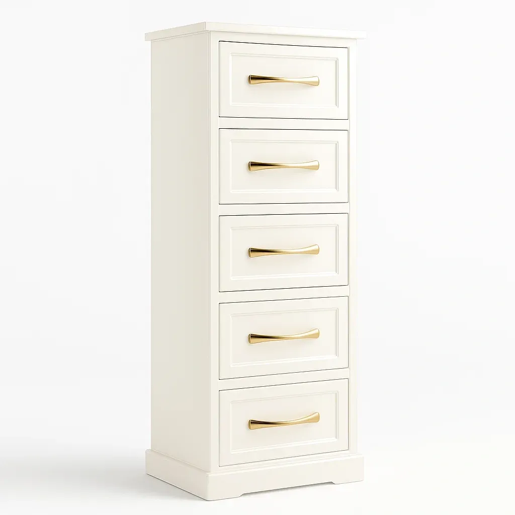 Cassettiera a 5 cassetti in mdf bianco con maniglie in metallo dorato 130x45x40 cm-CASALIQ