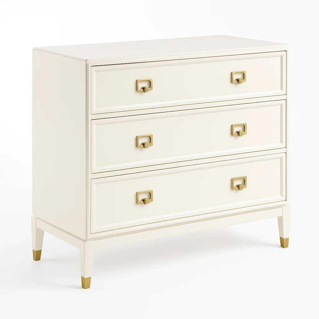 Cassettiera in legno con 3 cassetti e maniglie in metallo avorio-CASALIQ
