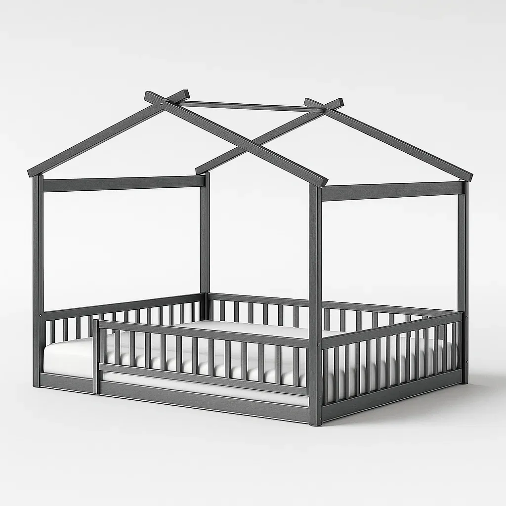 Letto per bambini casa in legno grigio 200x90x160 cm-CASALIQ