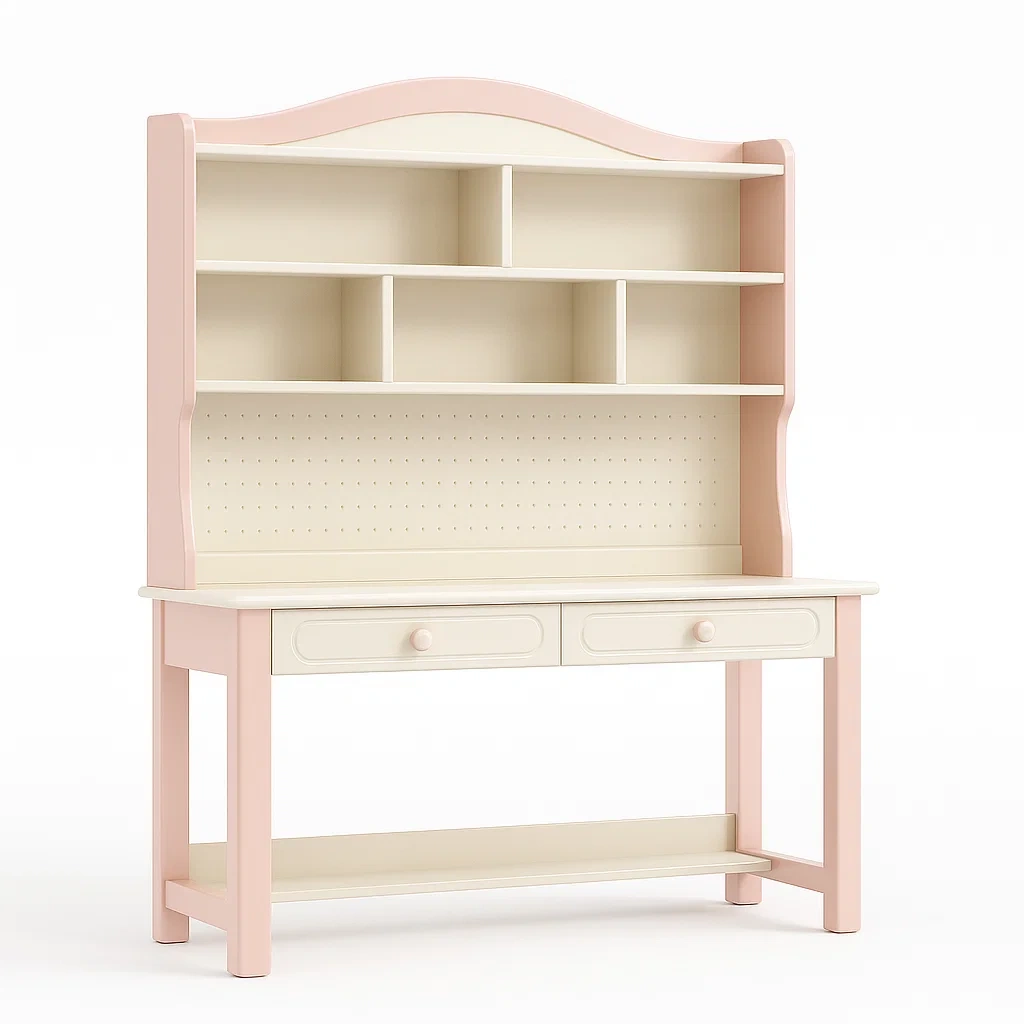 Scrivania per bambini con mensole in legno mdf rosa e crema 120x60x150 cm-CASALIQ